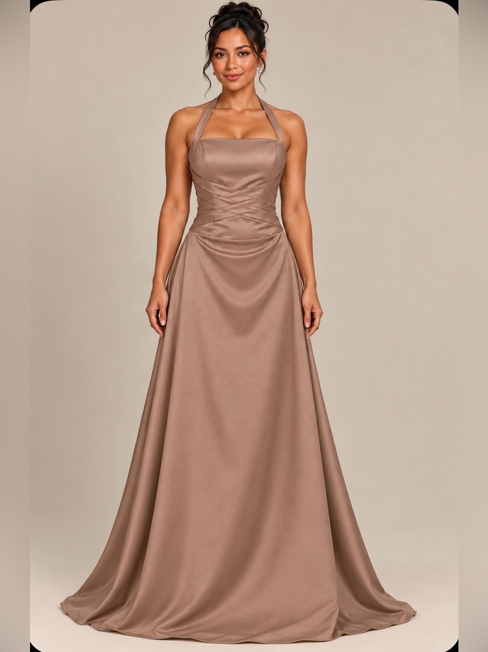 Strapless Taupe Satin Evening Gown with Halter Option